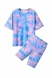Arshiner Bekleidungssets für Mädchen Jogginganzug Batik Kurzarm Shirt mit Shorts Kinder Sportliche Zweiteiler Set Sommer Mädchenbekleidung 130/7-8 Jahre