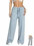NANYUAYA Damen Hose Gestreifte Pyjamahose Lang Schlafanzughose mit Kordelzug Baumwolle Elastische Haushose Freizeithose