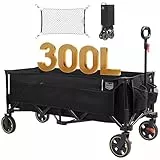 TIMBER RIDGE XXXL Bollerwagen Faltbar 300L 160KG mit Netze als Fallschutz Transportwagen mit Bremse Seitentasche Getränkehalter verstellbarem Griff, Gartenwagen Strandwagen für Alle Gelände Schwarz