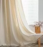 Tospass Boho Vorhang 2er Set Vintage Landhausstil Häkeln Stricken Bohemien Vorhänge Aushöhlen Quaste Gardinen Outdoor Leinen Baumwolle Gardienen für Wohnzimmer Schlafzimmer Curtains 150x160cm