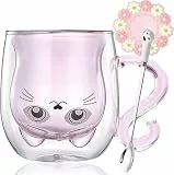 Arawat Katzen Tasse Doppelwandige Gläser Kaffeebecher Tassen Rosa Glas Katze Gläser Katze mit Pink Henkel Kaffeetasse mit Löffel & Untersetzer Teetasse Geburtstag Geschenk für Frauen Freundin