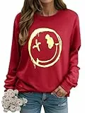 WIEIYM Damen-Sweatshirt, Smiley-Gesicht, Rundhalsausschnitt, Pullover, Langarm-T-Shirt, Grafikdruck, Basic-Top, lässige Jumper, S-XXL, Rot-1, M
