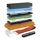 Razorri Abziehsteine Set, doppelseitig 400/1000 und 3000/8000 Grit Schleifsteine mit Abrichtstein & Flachstein, Winkelführung, Bambusbasis, Lederstreifen, für Metallklinge schärfen und polieren