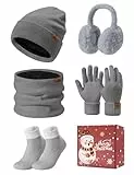Niwicee Mütze Schal Handschuhe Damen Winter Set Fleece Gefütterte Wärmer Loop Schlauchschal Touchscreen Handschuhe Beanie Strickmütze Dicke Socken Plüsch Ohrenschützer Kombi Set 5 Stücke (Grau)