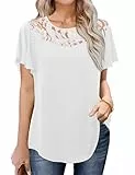 Florboom Tshirt Damen Kurzarm Mit Spitze Rundhalsausschnitt Spitzen Oberteile Bluse Weiß M