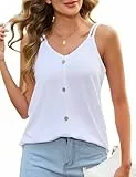Aottori Damen Tank Top Spaghetti Träger V-Ausschnitt Cami Ärmellos Oberteile Baumwolle Locker Fit Sommer Sexy Tanktops mit Knöpfen Weiß XL