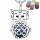INFUSEU Aromatherapie Kette Aroma Diffuser, Versilbert Groß Auge Eule Medaillon Anhänger Duftstein Meditationskette Damen Schmuck mit 24 'Kette & 7 wiederverwendbaren Lava Perlen