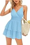 Imily Bela Damen Jumpsuit Sexy V-Ausschnitt Rompers mit Rüschen Sommer Minikleid High Waist Overall Playsuits(Schwarz, XL)