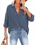 NONSAR Bluse Damen Lässiges Hemd mit V-Ausschnitt 100% Baumwolle Lockere Passform Solide Dickes Oberteil Elegant mit Tasche(9353XL,Dunkelgrau)