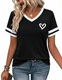 Gyabnw Oversize Herz T-Shirt Damen V Ausschnitt Bluse mit Herzen Elegant Sommer Basic Tops Oberteil Kurzarm Flügelärmel Schwarz