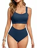 Vancavoo Damen Bikini Set Zweiteiliger Badeanzug Push Up Sport Bikini-Oberteil High Waist Elastische Gerippte Bademode Swimsuit,Marineblau,L