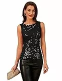 Damen Funkelndes Pailletten Westenoberteil Rundhalsausschnitt Ärmellos Cocktail Abendtops V-Rücken Schwarz 2XL