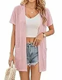 Totatuit Strickjacke Damen Leichte Cardigan Sommer Kurz V-Ausschnitt Strickjacken Kurzarm Strickmantel mit Knöpfe Rosa XXL