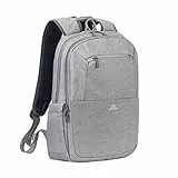 Rivacase ECO wasserfester Laptop-Rucksack mit einem Fach für Notebook bis 15,6 Zoll und Tablet bis 10,1 Zoll – dank Trolley-Gurt perfekt als Reiserucksack – Laptoprucksack aus Polyester / (grau)