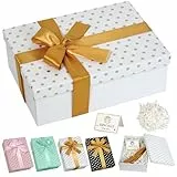 Weiß Geschenkbox mit Deckel,Groß Geschenkbox Polka Dot Muster mit Raffiapapier,Grußkarte,Schleife,25×18×8.5cm Faltbare Leere Geschenkverpackung Box für Hochzeit Geburtstag Weihnachten