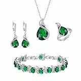 EVER FAITH 4 Stück Tropfen Cubic Zirconia Schmuck Set Glamour Anhänger Halskette Ohrringe Tennis Armband und Offener Ring für Damen Hochzeit Party Grün Silber-Ton
