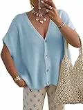 Saodimallsu Strickjacke Damen Kurzarm V-Ausschnitt Cardigan Oversized Fledermausärmel Sommer Strickweste Einfarbig Leicht Knopfleiste Sweater Top Hellblau XL