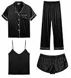 SWOMOG Satin Pyjama Damen Kurz 4-teiliges Schlafanzug Kurzarm Nachtwäsche Cami and Shorts Set Frauen Pjs Sets Hausanzug Loungewear XS-XXL