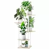 YOCOMEY 6-Tier Hölzern Blumenregal Pflanzenregal, Mehrstöckig Blumenständer Pflanzenständer Blumenbank Blumentreppe Pflanzentreppe Standregal für Innen Garten Balkon Deko(Weiß Eiche)