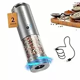 CIRCLE JOY Wiederaufladbarer Pfeffermühle Elektrischer Gewürzmühle Edelstahl mit 95ml Transparenter Behälter, Weißem LED-Licht, Extern Einstellbare Rauheit und 2 Schleifgeschwindigkeiten