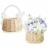 2er-Pack kleine Weidenkörbe, Blumenmädchenkörbe mit Perlengriffen und Schleifen, Hochzeitsblumenkörbe für Blumenmädchen, Handkörbe für Hochzeiten, Partydekoration