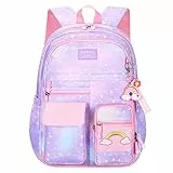 Myyunhx Rucksack für Mädchen - Kawaii Mittelschule Rucksack mit Regenbogenanhänger für Jugendliche (Lila)