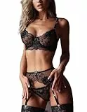 NSXVIA Damen Sexy Strapsen Dessous-Sets 3-Teilige Spitze mit Rosenbestickung Unterwäsche Set Transparent Spitze Straps Gürtel mit 4 Halter Verstellbar Bügel BH Lace Tanga (Small)