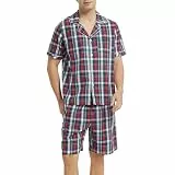 Vulcanodon Schlafanzug Herren kurz 100% Baumwolle Sommer Shorty Pyjama kariert mit Knopfleiste weiche Nachtwäsche (Rot-Blau, L)