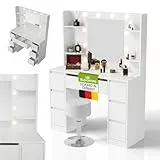 Juskys Schminktisch Malia mit LED-Spiegel und Hocker Tonia, 7 Schubladen, individuelle Lichteinstellung, viel Stauraum, modernes Design, kompakt & pflegeleicht