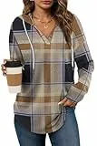 Cuptacc Hoodie Damen Pullover Herbst Farbblock Kapuzenpullover Damen Mit Kordelzug V Ausschnitt Sweatshirt Oversized Coffee Plaid Groß L 42-44
