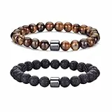 RANKEEF Tigerauge-Armband für Herren 8 mm Natursteinperlen Armband Set dehnbare Lavastein Armbänder verstellbares schwarzes Kristallperlenarmband für Männer und Frauen Geschenke