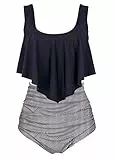 Aidotop Damen Badeanzug Rüschen Zweiteilige High Waist Bikini Retro Sätze mit hoher Taille Bademode Strandkleidung(8black Stripe,XL)