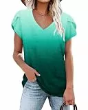 PLOKNRD Damen Tops V-Ausschnitt Blütenblatt Ärmel T-Shirt Sommer Freizeit Kurzen Ärmeln Strand Oberteile Grüner Gradient XL