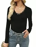 Crewhpo Langarmshirt Slim Fit Damen Langarm Top mit Spitze Oberteile V-Ausschnitt T-Shirts Basic für Frauen Einfarbiges Elegant Shirt Tshirts Schwarz