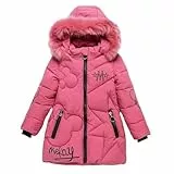Tilozs Kinder Winterjacke Mädchen Warm Wintermantel Baumwoll Mantel Steppjacke Schön Bestickt Winter Parka Outdoorjacke mit Abnehmbaren Fellkapuze, Rosa, 146-152, (Herstellergröße：150)