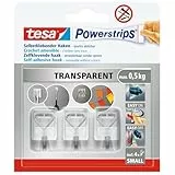 tesa Powerstrips Klebehaken Small - selbstklebende Haken mit abnehmbarem Drahthaken - wiederverwendbare Wandhaken für Bad oder Küche - Montage ohne Bohren - Transparent - 3 x Haken, 4 x Powerstrips