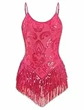 FYMNSI Damen Pailletten Latein Tanz Body Rave Outfit Ballettbody �rmellos Glitzer Gymnastikbody Quaste Bodysuit Damenbody Stringbody Trikot Leotard Overalls Turnanzug Ballettanzug Rose M