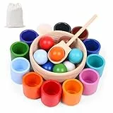 Regenbogen Bälle in Tassen, Montessori Holz Sortier Stapelspielzeug mit 12 Bällen zum Farbsortieren und Zählen, Lernspielzeug für Kleinkinder ab 2 3 4 5 Jahre, Vorschule Spielzeug & Geschenk
