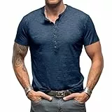 Henley Shirt Herren Kurzarm T-Shirts für Herren V Ausschnitt Vintage Slim Fit Kurzarm Knopf T-Shirt Navy Blau M
