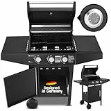 Juskys Gasgrill Louisiana 3 Brenner 8,1 kW – BBQ Grillwagen mit Deckel, Grillrost & Warmhalterost, Grill mit Thermometer, Seitenablagen & Abdeckplane