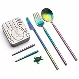 Outlery Full Set | Portable & Reusable Stainless Steel Travel Cutlery Set and Reusable Chopsticks with Case for Camping, Picnic, Office and On-The-Go (Pocket Sized Flatware Set) (Rainbow)