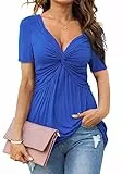 Tankaneo Damen V Ausschnitt Elegant Blusenshirt Front Knotted T-Shirt Kurzarm Dame Tunika Blusen Tops Oberteile