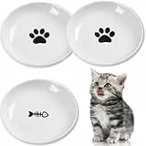 Keramik Katzennapf 3er Set, Weiß - Futternapf Katzen Flach mit Rutschfestem Silikonring für Perser & Flachgesichter - Spülmaschinenfest, Hygienisch