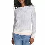 Tommy Hilfiger Damen-Pullover aus Baumwolle mit Rundhalsausschnitt und Zopfmuster, Pearl Heather Grey Multi, Groß