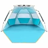 WolfWise Strandmuschel UV-Schutz 50+, 3-4 Personen Strandzelt mit Quick-Up-System, Sonnenschutz Windschutz mit erweiterbarem Boden Sonnenzelt Automatik Tragbar für Familie Camping Garten Strand Blau