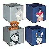 Relaxdays 4er Set, Kinder Aufbewahrungsboxen, süße Tier-Motive, Faltbox für Würfelregale, HBT: 30x30x30 cm, Textil, bunt