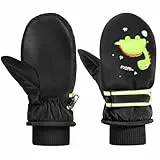 MoKo Kinder Skihandschuhe, Winter Fäustlinge Handschuhe Winddicht Wasserdicht Sport Handschuhe für Skifahren Radfahren Snowboarden Outdoor-Aktivität für Jungen Mädchen 2-4 Jahren,S,Schwarz/Dinosaurier