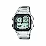 Casio Herren Quartz Armbanduhr, 36.00mm GehäusegröÃŸe mit weiÃŸ digital Zifferblatt und Silber Metallarmband Armband AE-1200WHD-1AVEF