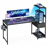 Coleshome Gaming Tisch mit LED-Beleuchtung,138×48cm Gaming Schreibtisch mit Schubladen und Regal, Umkehrbarer Computertisch mit Kopfhörerhalterung, Carbon Fiber Schwarz