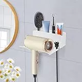 Figarge Fönhalter Wand Ohne Bohren Föhn Halterung mit Steckerhalter & 2 Aufbewahrung，Selbstklebender Haartrocknerhalter Föhnhalter Wandmontage für Bad Barbershop Hotel
